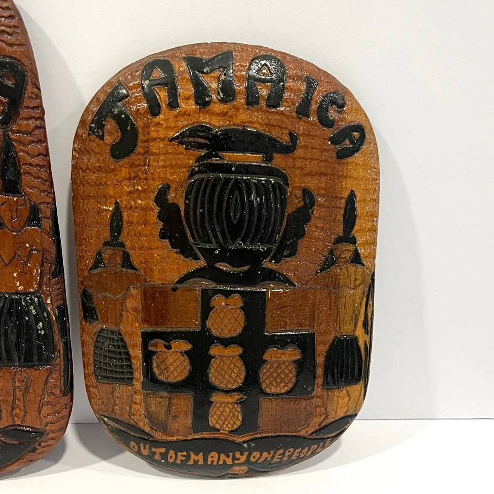 Vintage Jamaica Coat of Arms Hand Carved Wood Wall Plaque Set of 2 Folk Art
